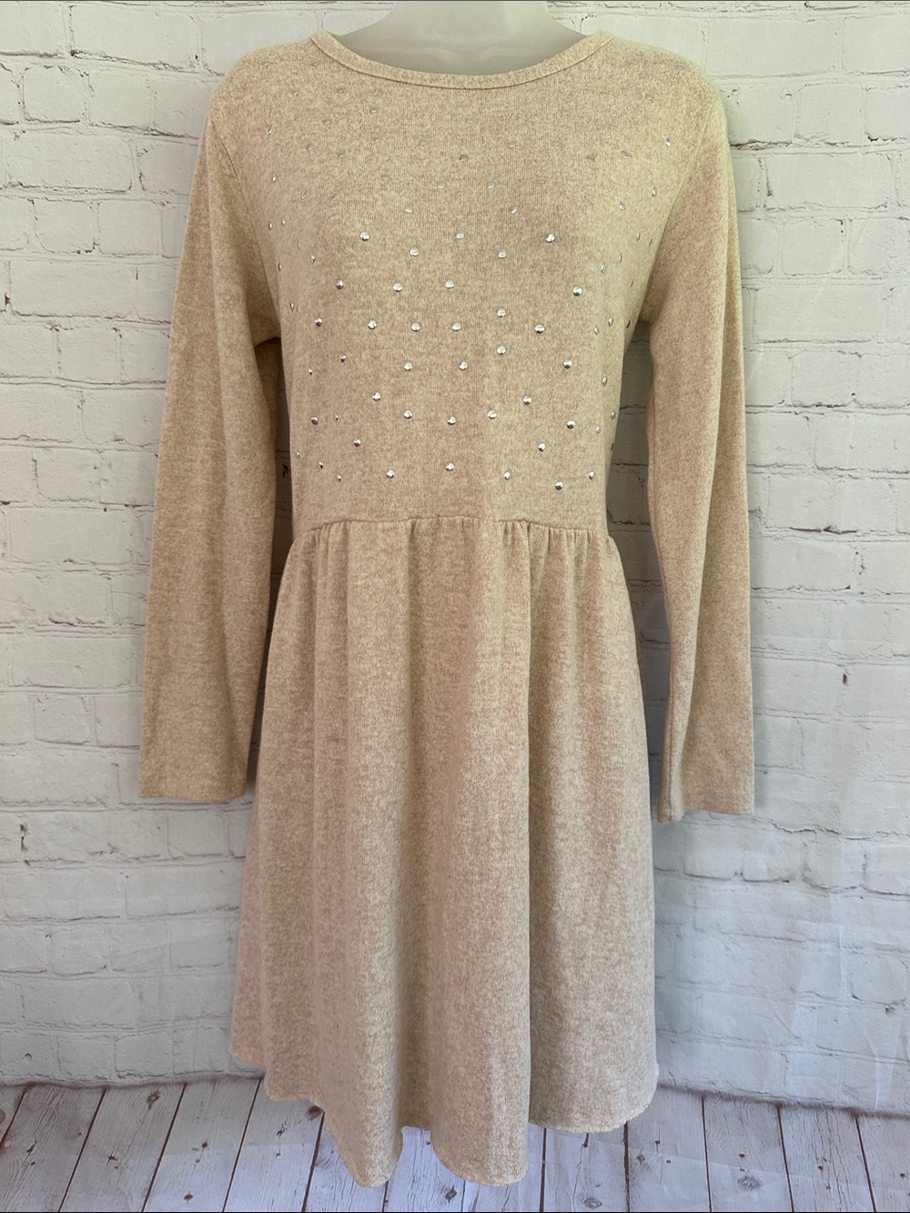Zara Studded Long Sleeve Cream Knit Dress size L